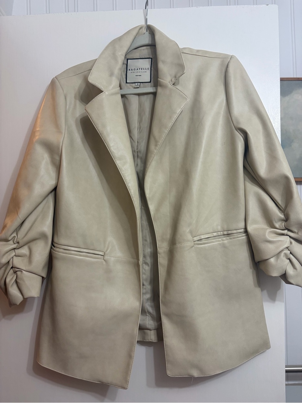 bagatelle Beige Faux-Leather Blazer with Ruched Sleeves